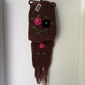 Brown Knit Scarf and Hat Set with Floral Accents
